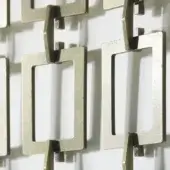 Metal screen panel, bronze finish, rectangular geometric pattern with vertical cut-outs and hook-like connectors, layered shadow effect.